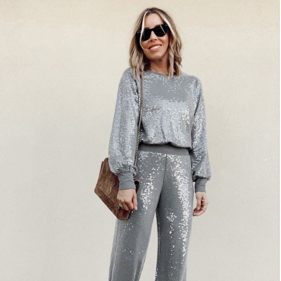 Women's Express sequin grey crew neck and pants - Picture 1 of 4